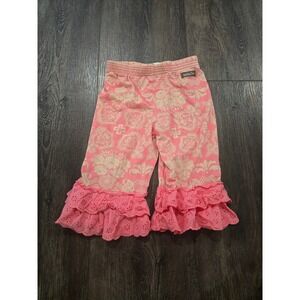 Matilda Jane Girls Pink Damask Ruffle Leggings Pants Size 4 Eyelet Lace Trim